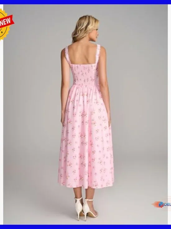 Summer Corset Midi Dress Floral Lace Smocked Flowy A-Line with Pockets - Picture 3 of 7